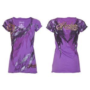 Archaic AFFLICTION Women's T-Shirt SECOND LOVE Feathers PURPLE Tattoo Biker $40
